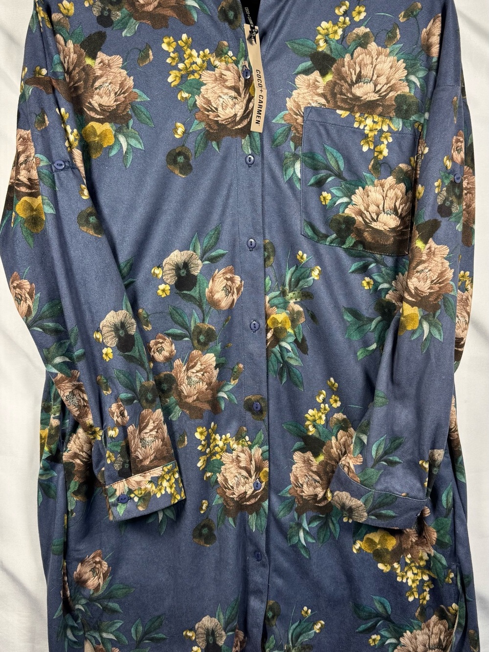Coco + Carmen Navy Floral Button-Up Dress with Brown & Yellow Blooms